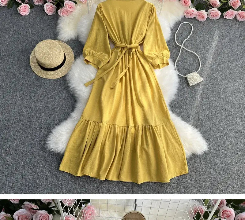 Spring/Summer Women’s Travel Vacation Vintage Long Dress Bohemian Ethnic Style Embroidered Waist Tie up Cotton