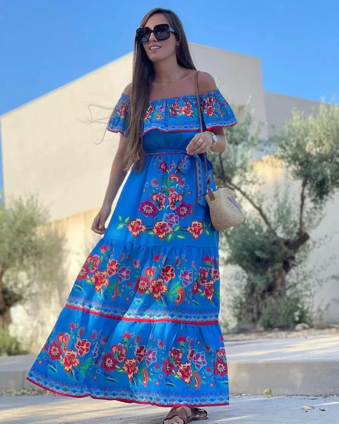 2024 Women’s New Sexy One Shoulder Off Shoulder Fashion Red Flower Printed Lace Up Waist Long Swing Dress