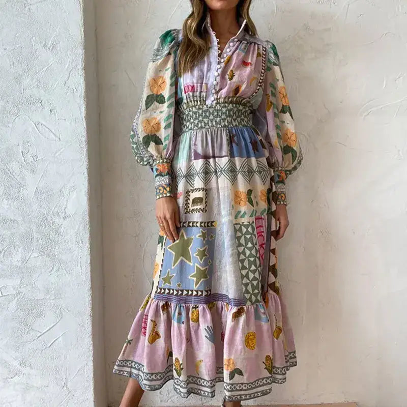 Boho Eco Boutique Farm Rio Printed Painted Long Sleeve Fashion Dress