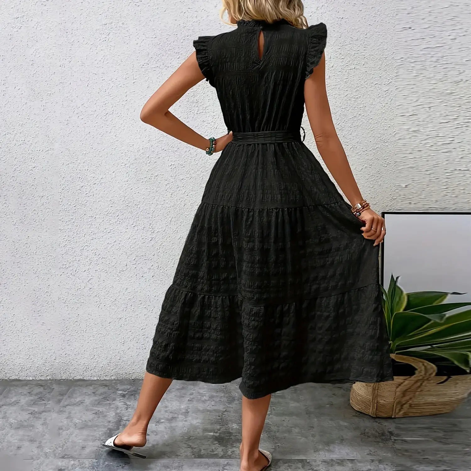 Women’s Vacation Dress Ruffles Sleeveless Maxi Dresses Summer Flowy Boho Chic Dress Solid Color Beach Sundress