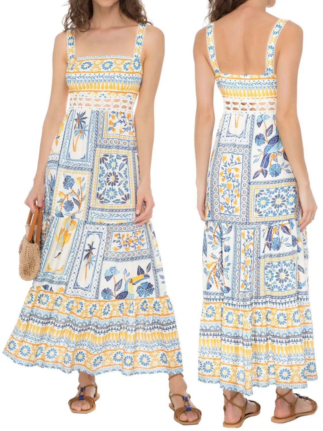 Women’s Summer Boho Spaghetti Strap Square Neck Farm Rio Dress Casual Flowy Graffiti Long Dress Beach Swing Party