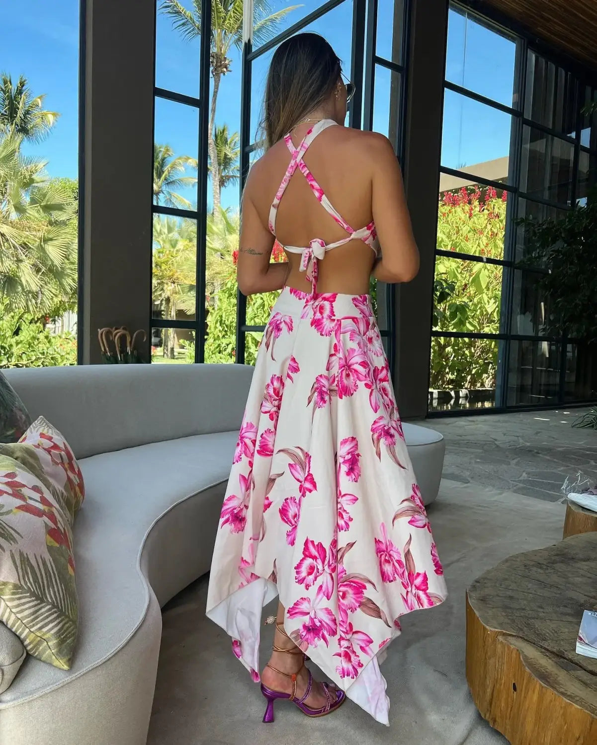 New Bohemian Sexy Printed Women Dresses Halter Sleeveless Backless Naked Waist Long Dress Fashion Summer Beach Holiday