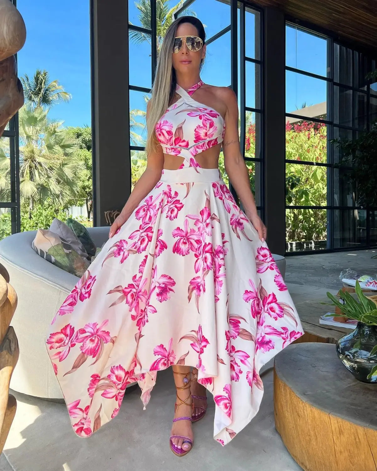New Bohemian Sexy Printed Women Dresses Halter Sleeveless Backless Naked Waist Long Dress Fashion Summer Beach Holiday