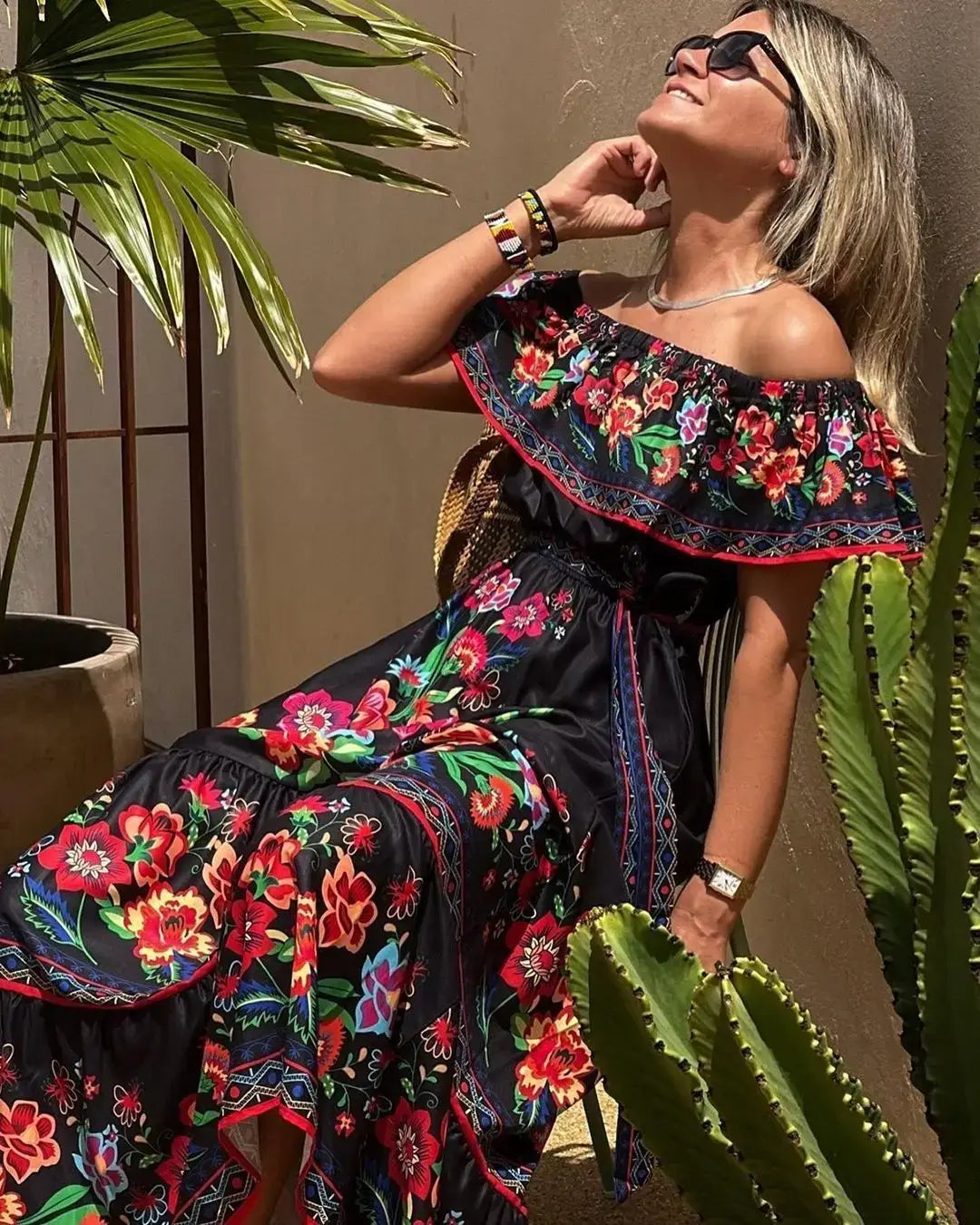 2024 Women’s New Sexy One Shoulder Off Shoulder Fashion Red Flower Printed Lace Up Waist Long Swing Dress