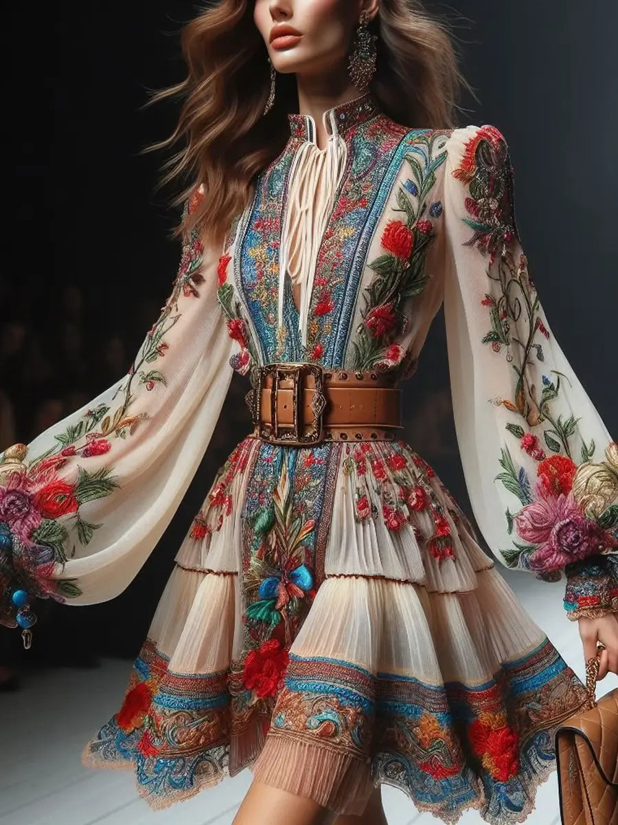 Casual Bohemian Ethnic Style Women’s Mini Dress Fashion O-Neck Lantern Sleeves Retro Floral Pattern Print Lace-Up