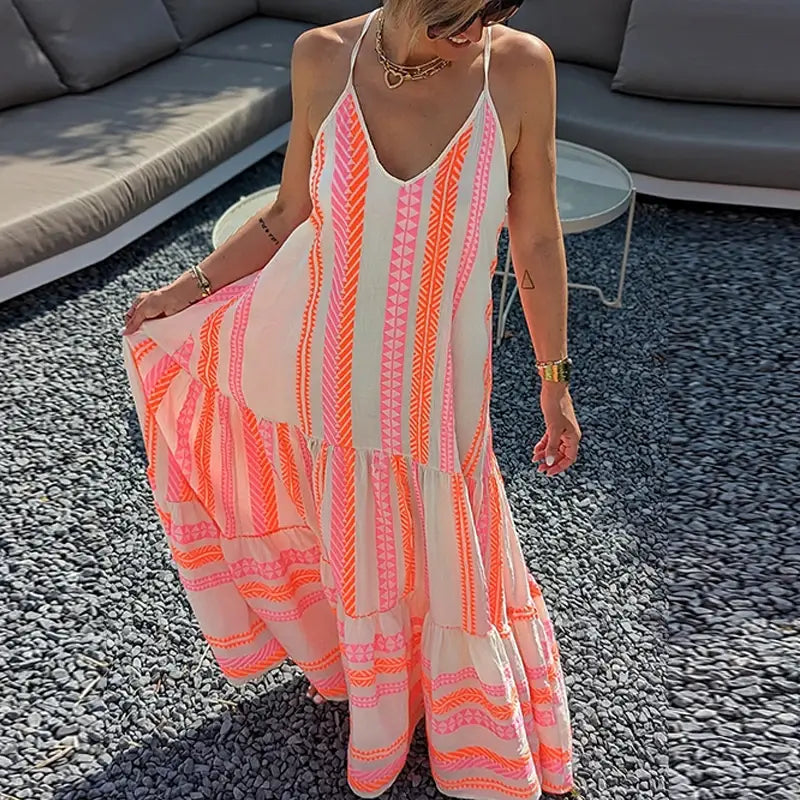 Elegant Casual Print Sleeveless Ruffle Party Dress Summer V Neck Sling Loose Dress Women Fashion Holiday Boho Beach