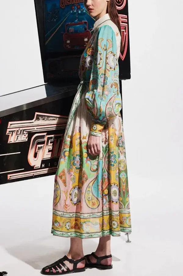 Long Dresses 2024 New Printed Fashion Sleeve Puff Sleeve Lace-up Large Swing Dress Elegant Party Dress