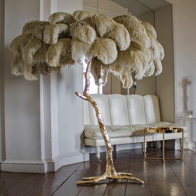 Nordic Modern Luxury LED Ostrich Feather Floor Lamp - Romantic Tree Branch Design for Bedroom, Princess Table Light, or Living Room Decor