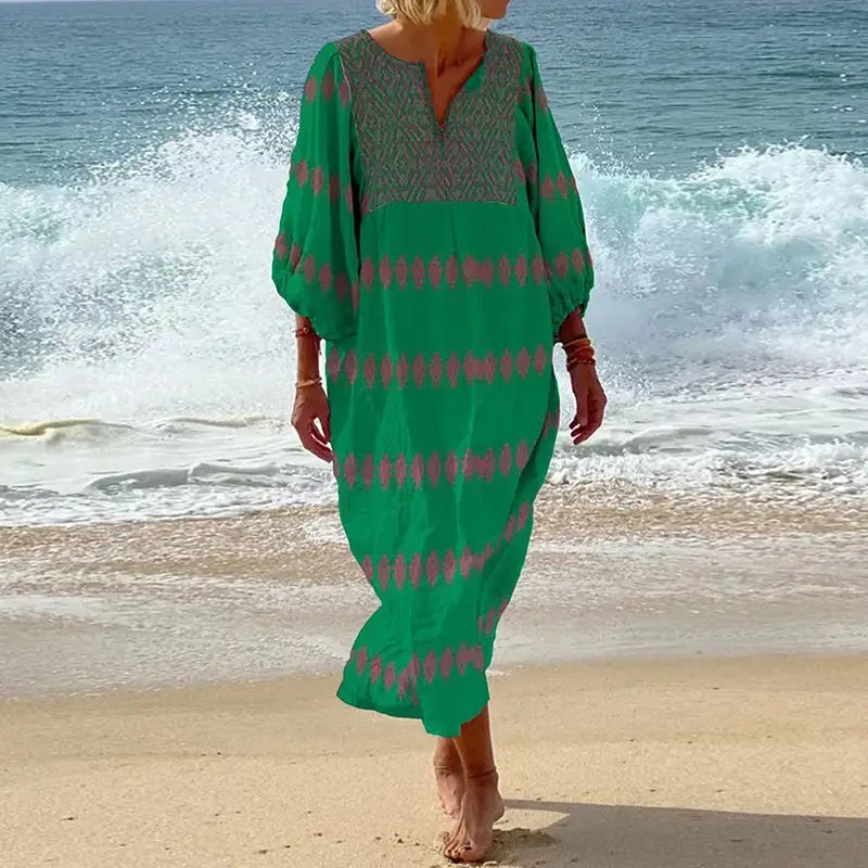 Womens Ethnic Retro Geometric Print Long Dress Spring 3/4 Lantern Sleeve A-Line Party Dress Summer V Neck Loose Beach