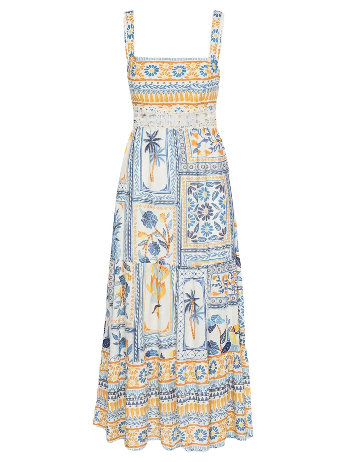 Women’s Summer Boho Spaghetti Strap Square Neck Farm Rio Dress Casual Flowy Graffiti Long Dress Beach Swing Party