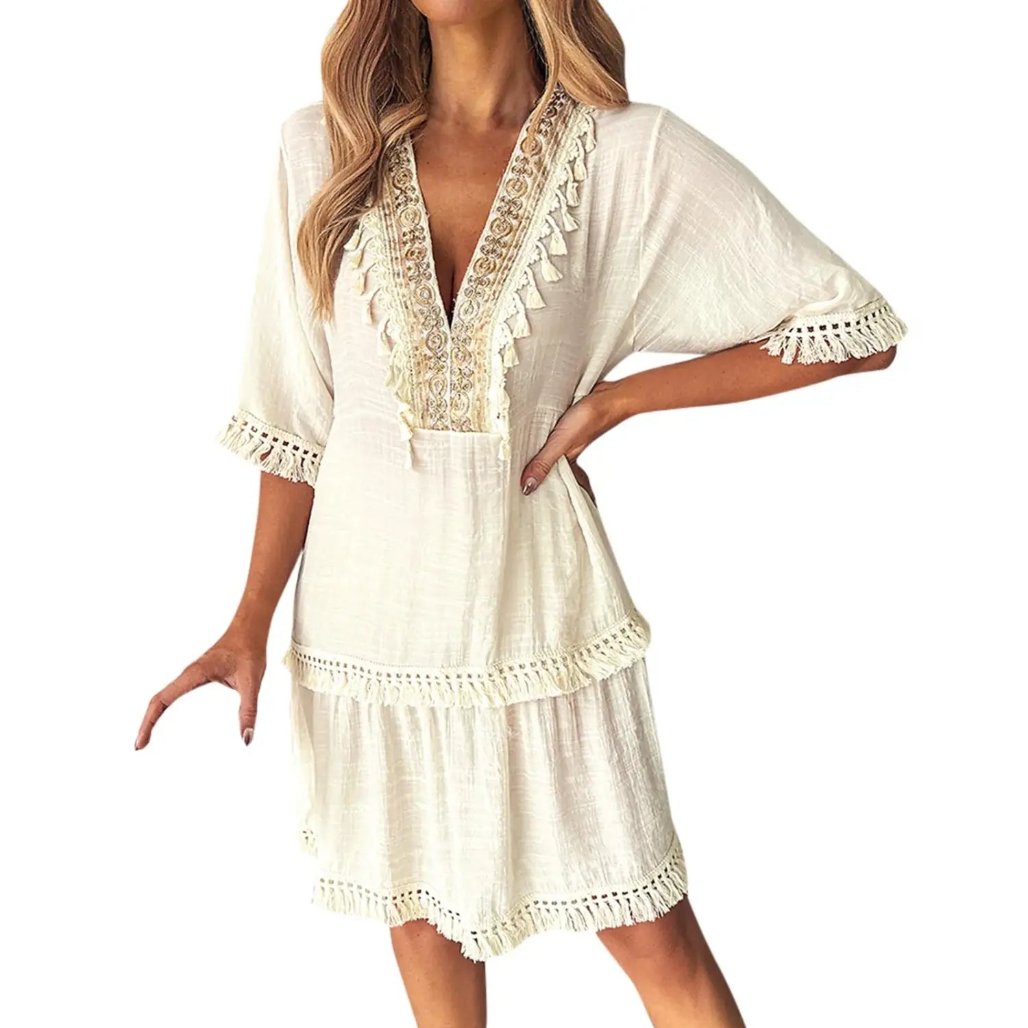 Boho Dress For Women’S Casual Elegant Embroidered V Neck Casual Dresses With Tassle Loose Comfortable Stylish Wrap