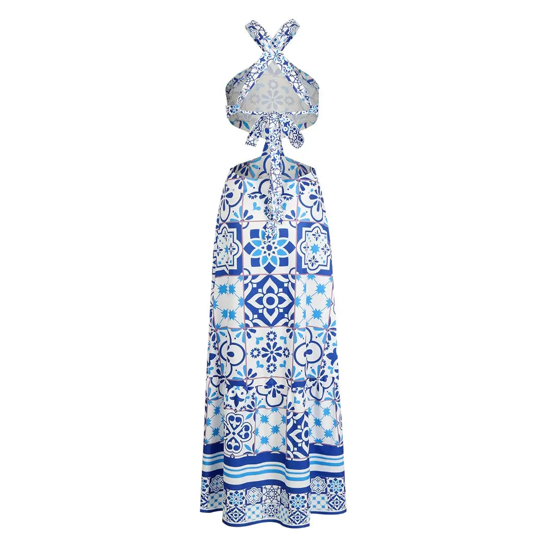 New Bohemian Sexy Printed Women Dresses Halter Sleeveless Backless Naked Waist Long Dress Fashion Summer Beach Holiday