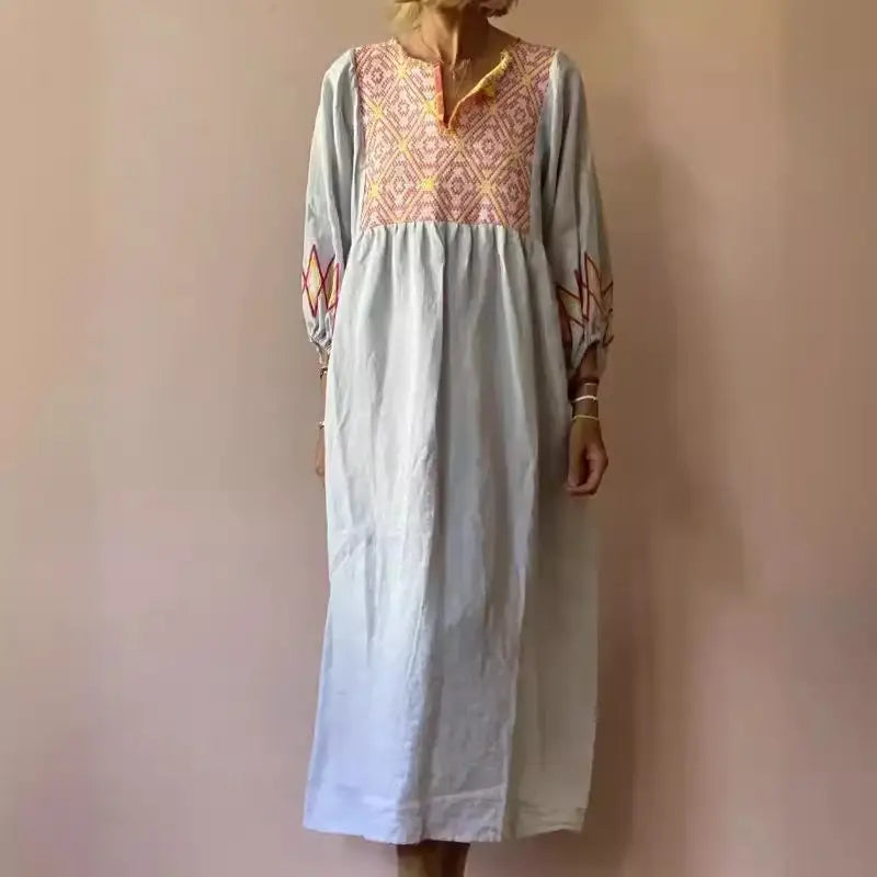 Womens Ethnic Retro Geometric Print Long Dress Spring 3/4 Lantern Sleeve A-Line Party Dress Summer V Neck Loose Beach