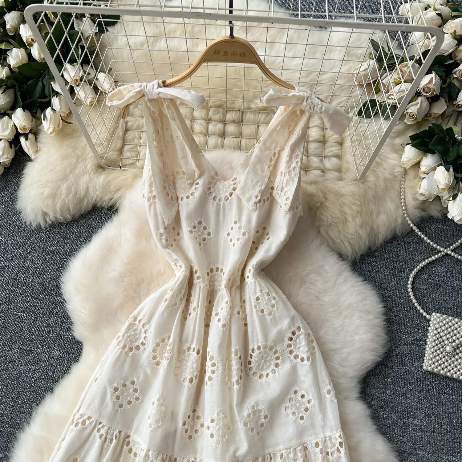 French Vintage cut out Embroidery bow Bandage slip Dress A-line Chic Casual Beach Vacation Women Summer dresses