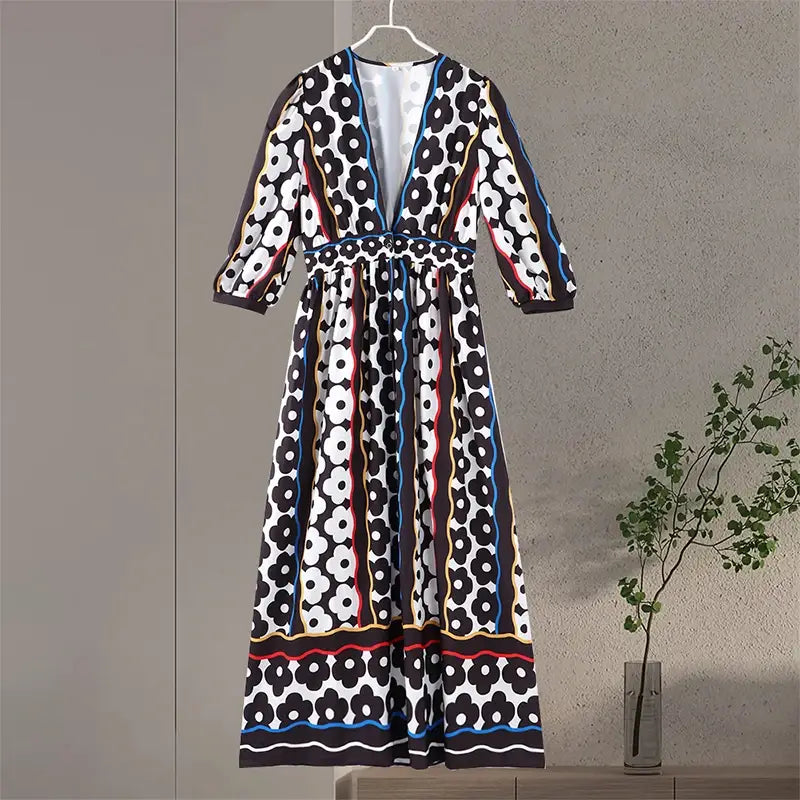Flower Printted Women Long Dresses Elegant V-neck High Waist Puff Sleeve Ladies Robe Summer Autumn