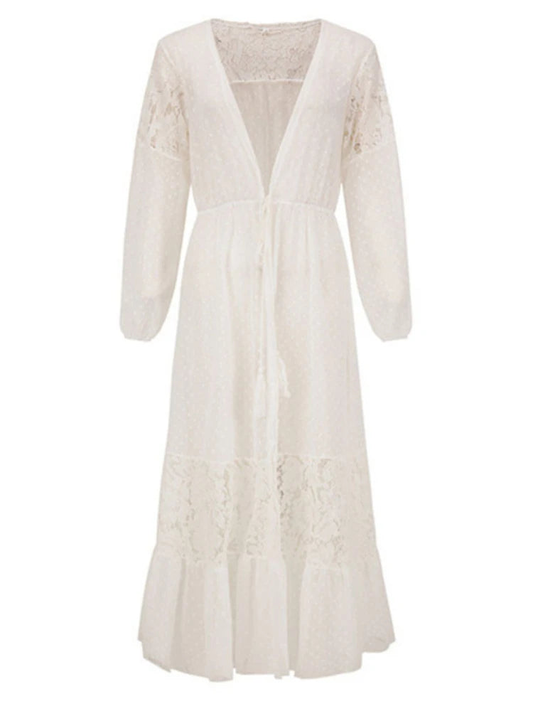 Beach Kimono Cover Ups for Women - Lace Patchwork Chiffon Wrap Dress, Self-Belted, Elegant White & Black Swimwear Cover Up for 2024