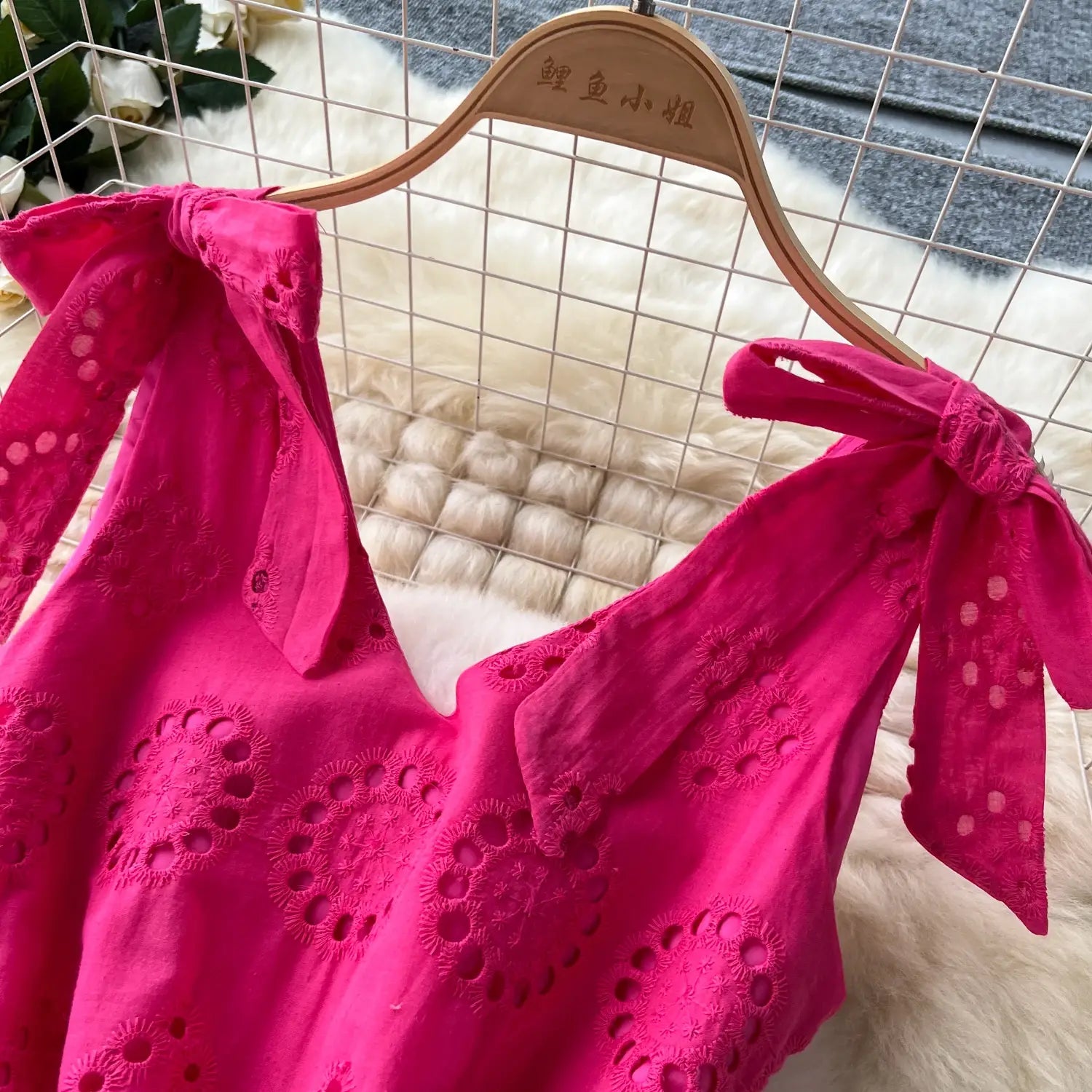 French Vintage cut out Embroidery bow Bandage slip Dress A-line Chic Casual Beach Vacation Women Summer dresses