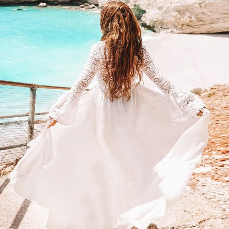 Women's Long Lace Kimono Cover-Up - Sheer Tie-Front Bikini Beachwear - Elegant Bathing Suit Swimsuit Cover-Up