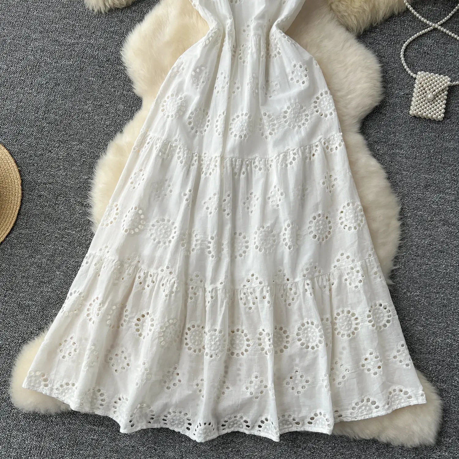 French Vintage cut out Embroidery bow Bandage slip Dress A-line Chic Casual Beach Vacation Women Summer dresses