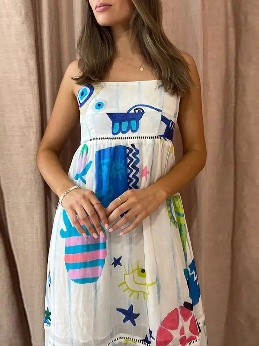 Women’s Summer Boho Spaghetti Strap Square Neck Farm Rio Dress Casual Flowy Graffiti Long Dress Beach Swing Party