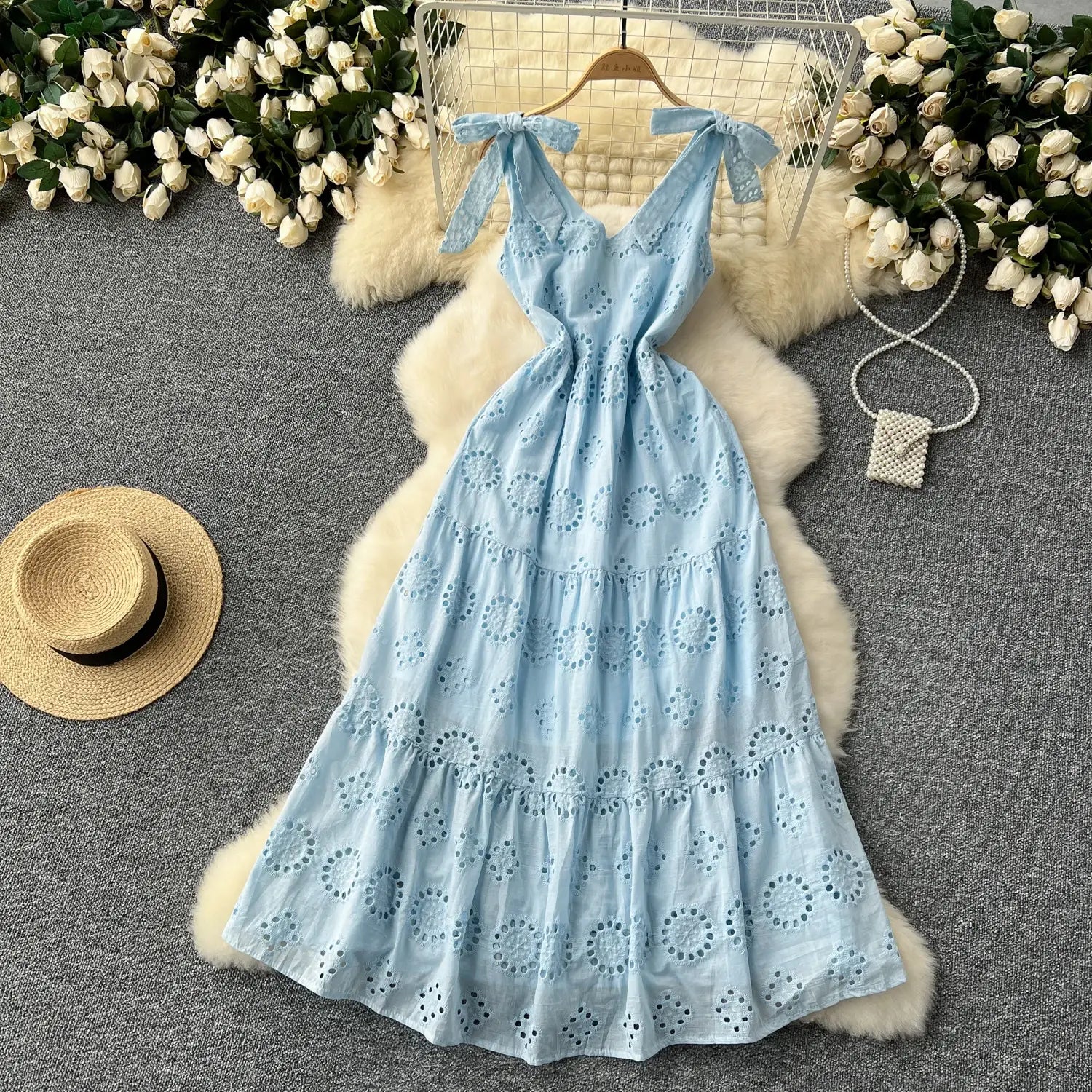 French Vintage cut out Embroidery bow Bandage slip Dress A-line Chic Casual Beach Vacation Women Summer dresses