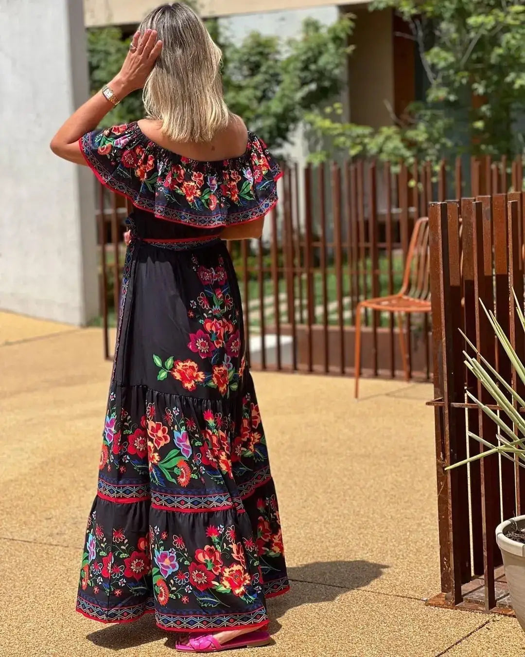 2024 Women’s New Sexy One Shoulder Off Shoulder Fashion Red Flower Printed Lace Up Waist Long Swing Dress