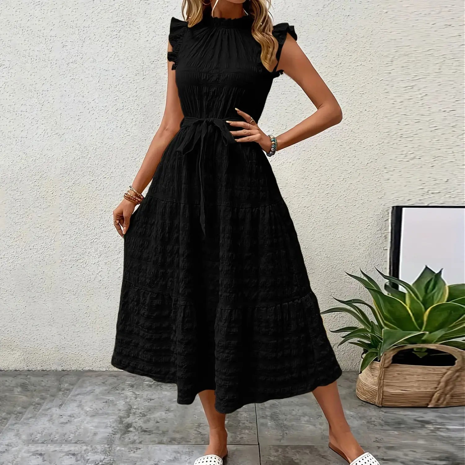 Women’s Vacation Dress Ruffles Sleeveless Maxi Dresses Summer Flowy Boho Chic Dress Solid Color Beach Sundress