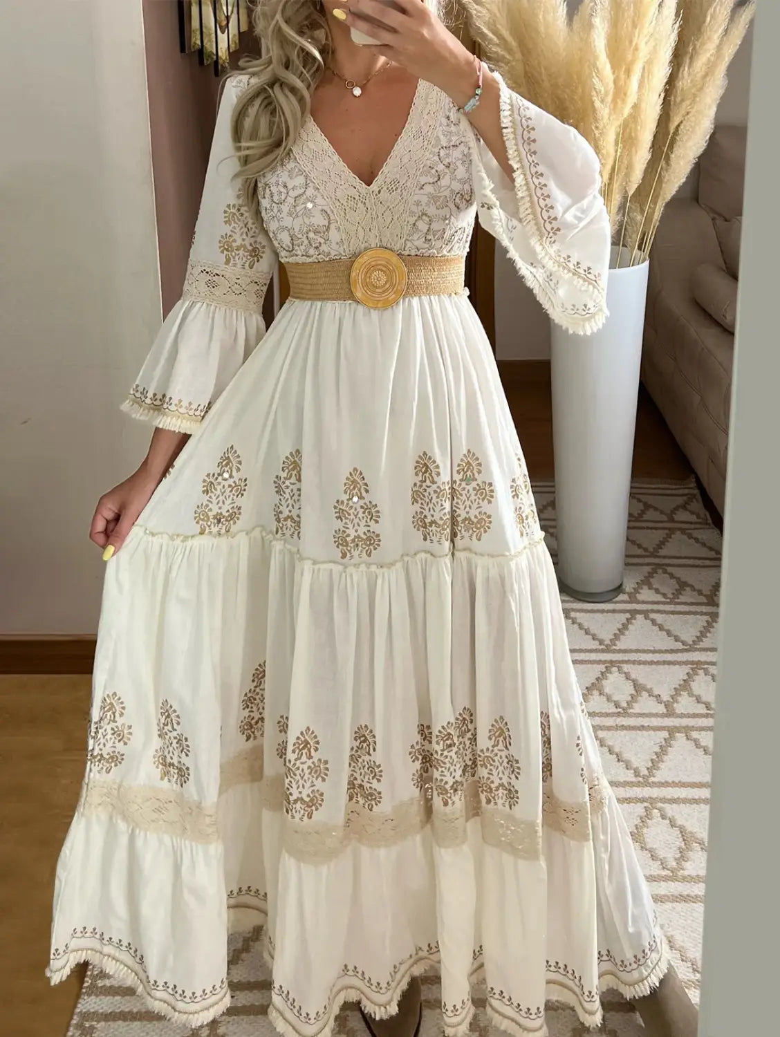 Women Fall Casual Long Dress Floral Print Lace V-Neck Long Sleeve Dress Fashion Holiday Maxi Dress Elegant Classics