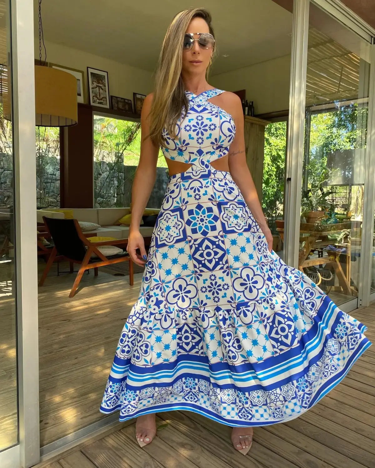 New Bohemian Sexy Printed Women Dresses Halter Sleeveless Backless Naked Waist Long Dress Fashion Summer Beach Holiday