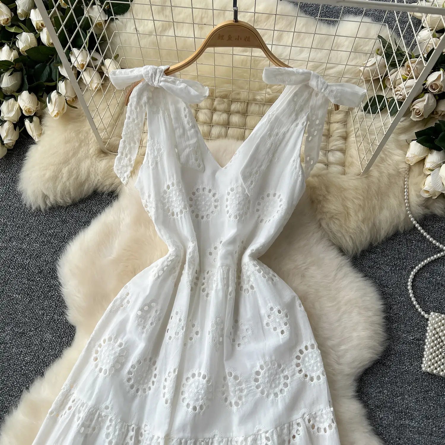 French Vintage cut out Embroidery bow Bandage slip Dress A-line Chic Casual Beach Vacation Women Summer dresses