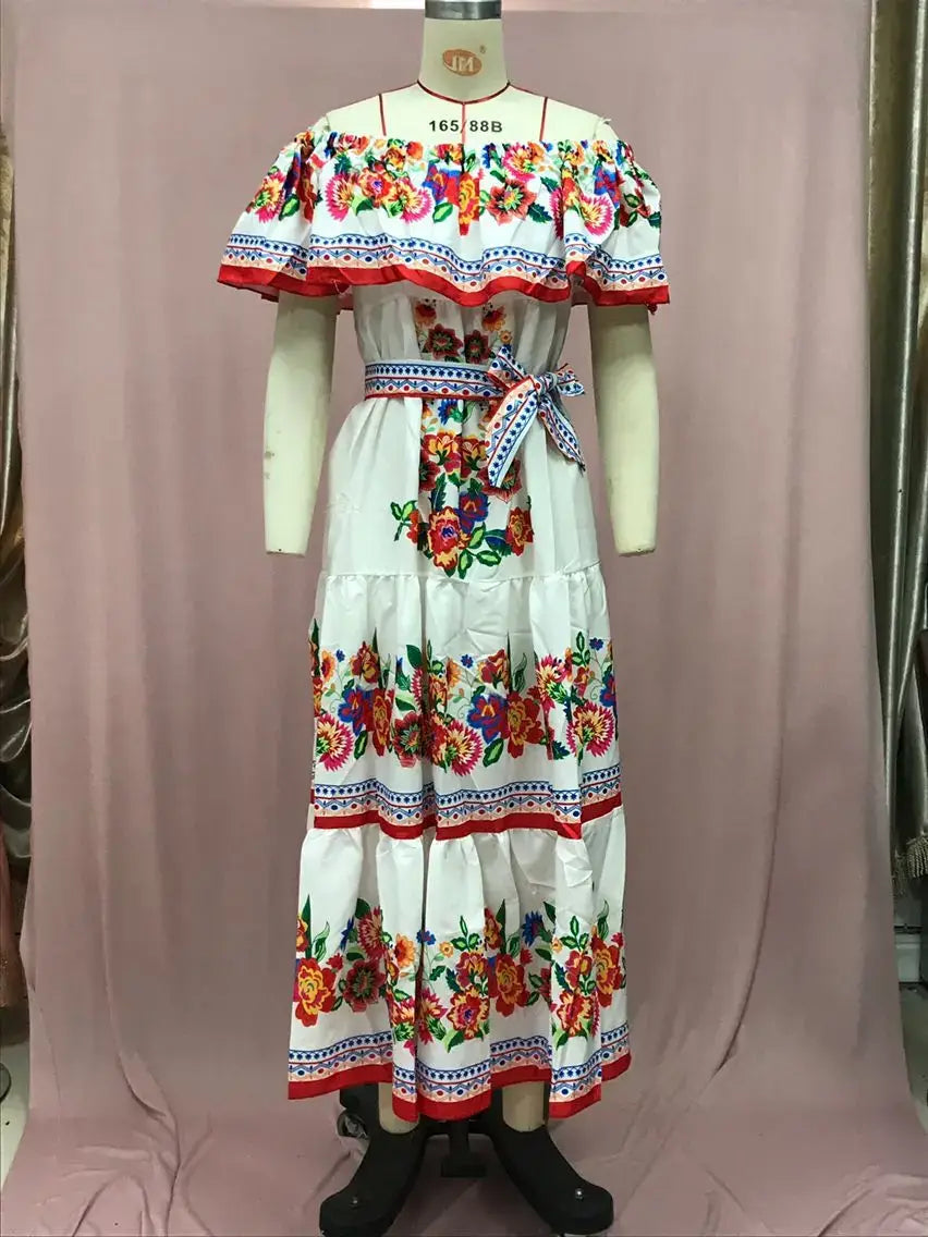 2024 Women’s New Sexy One Shoulder Off Shoulder Fashion Red Flower Printed Lace Up Waist Long Swing Dress