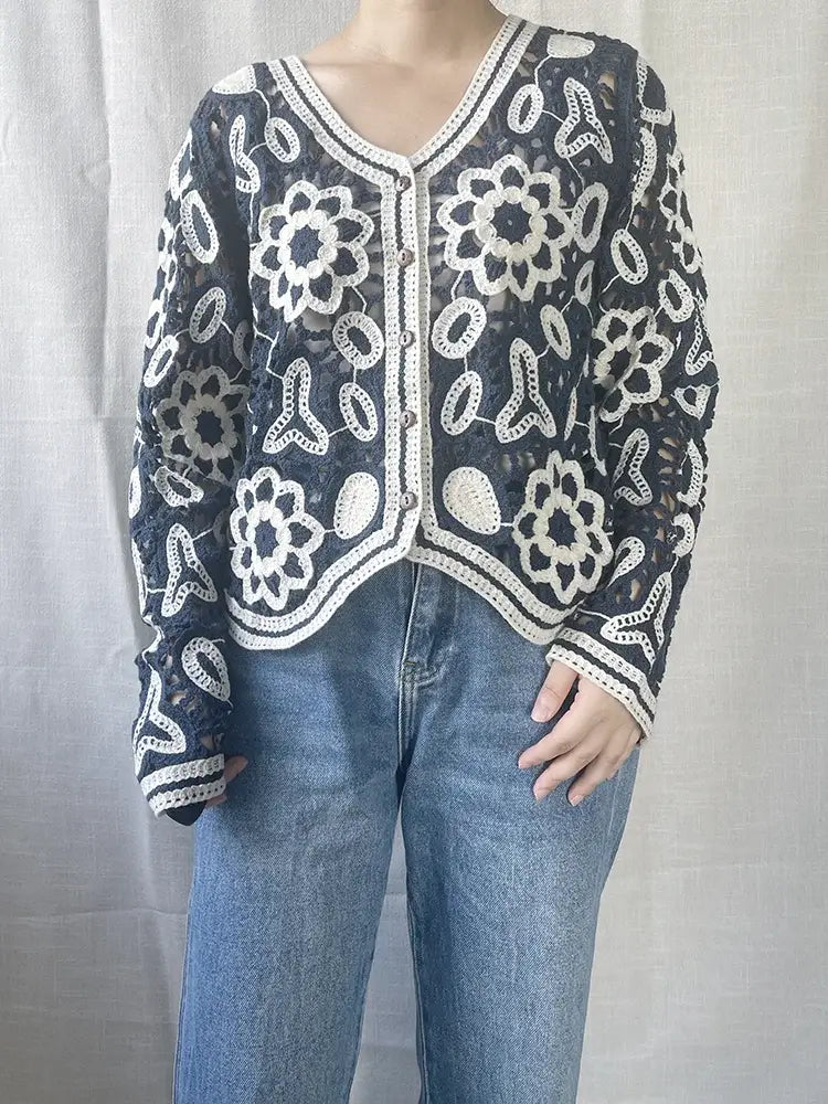 Floral Crocheted Bolero Cardigan Flower Lace Knitted Short Jacket Boho Crop Sweater Tops V-Neck Autumn/Spring Woman