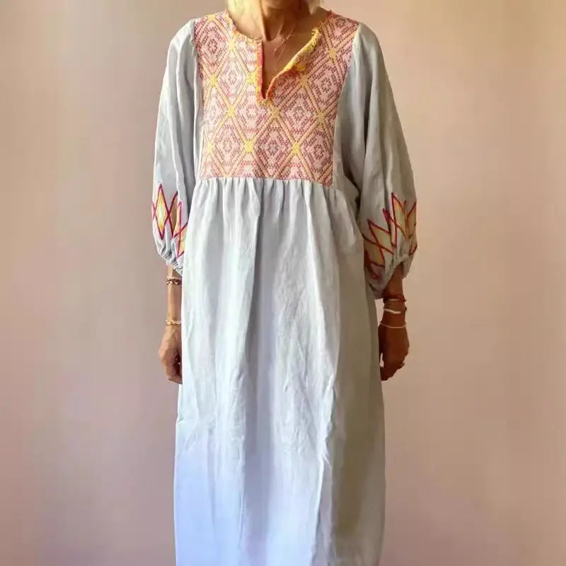Womens Ethnic Retro Geometric Print Long Dress Spring 3/4 Lantern Sleeve A-Line Party Dress Summer V Neck Loose Beach