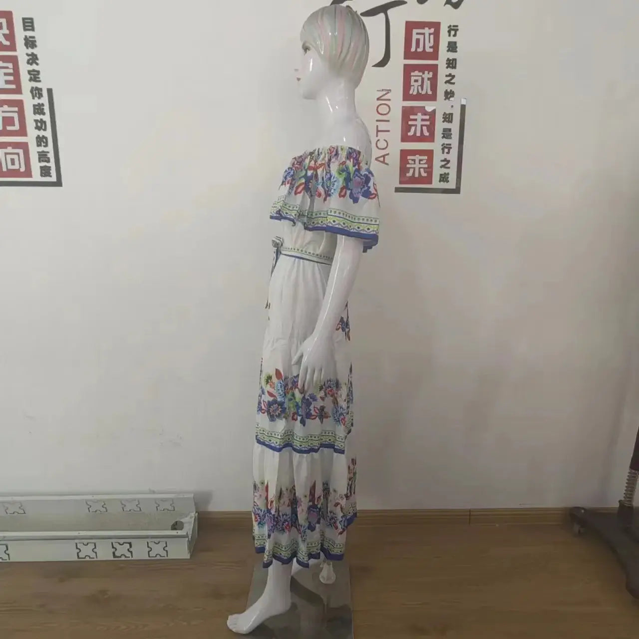 2024 Women’s New Sexy One Shoulder Off Shoulder Fashion Red Flower Printed Lace Up Waist Long Swing Dress