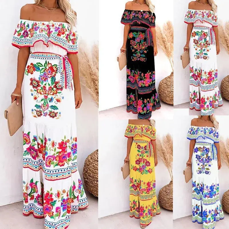 2024 Women’s New Sexy One Shoulder Off Shoulder Fashion Red Flower Printed Lace Up Waist Long Swing Dress