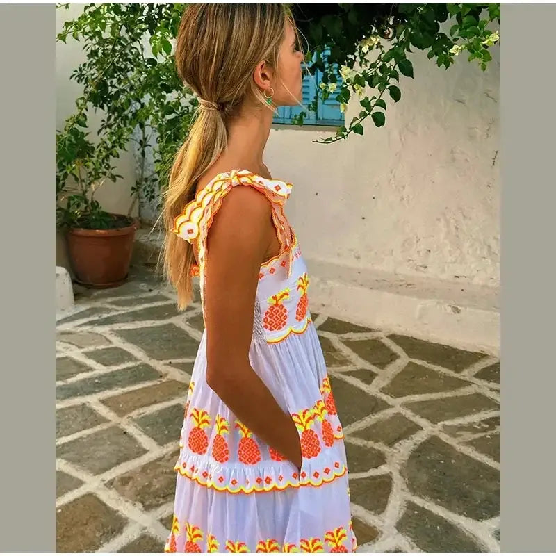 Boho Goddess Vintage LaceUp Maxi Dress Sustainable Vibrant Contrasting Printed Sleeveless Loose Dresses Vintage