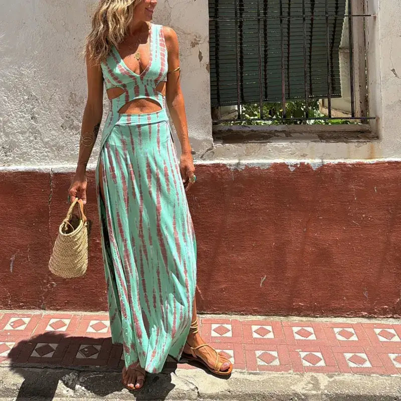 Elegant High Waist Women’s Party Dress Sexy Ladies Hollow Out Printed Vocation Dress 2024 All Match Sleeveless Split