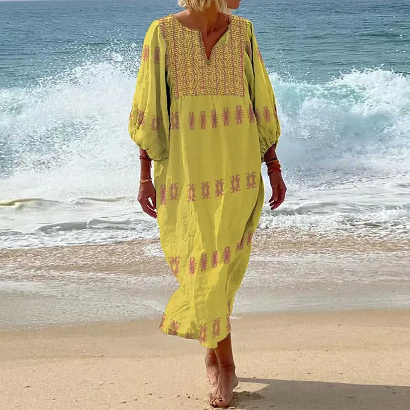 Womens Ethnic Retro Geometric Print Long Dress Spring 3/4 Lantern Sleeve A-Line Party Dress Summer V Neck Loose Beach