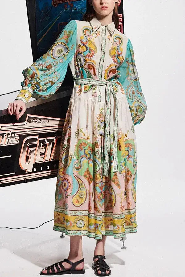 Long Dresses 2024 New Printed Fashion Sleeve Puff Sleeve Lace-up Large Swing Dress Elegant Party Dress