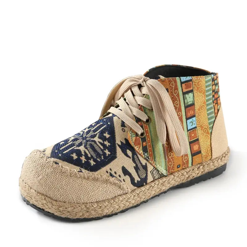 Women Shoes Boho Cotton Linen Canvas Single National Woven Round Toe Lace Up Cloth Shoes Woman Flats Size 35-40