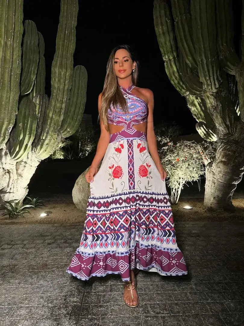 New Bohemian Sexy Printed Women Dresses Halter Sleeveless Backless Naked Waist Long Dress Fashion Summer Beach Holiday