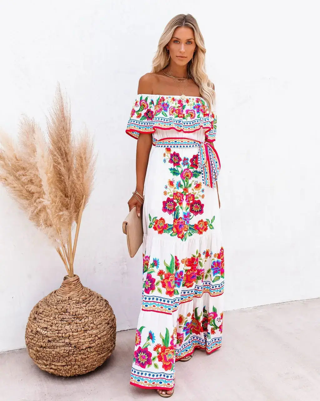 2024 Women’s New Sexy One Shoulder Off Shoulder Fashion Red Flower Printed Lace Up Waist Long Swing Dress