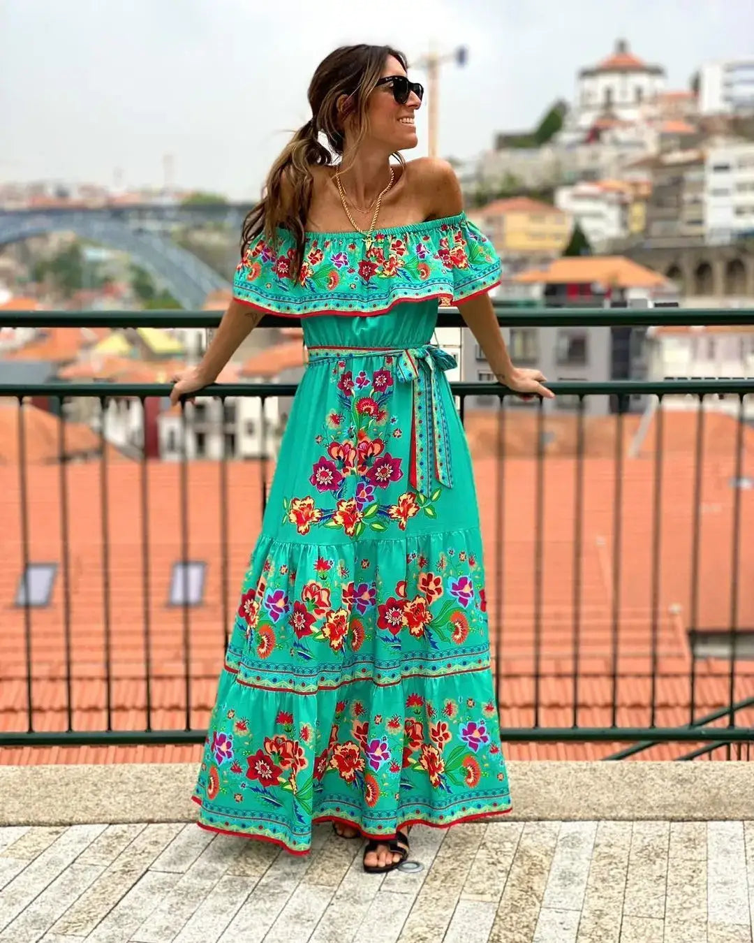 2024 Women’s New Sexy One Shoulder Off Shoulder Fashion Red Flower Printed Lace Up Waist Long Swing Dress