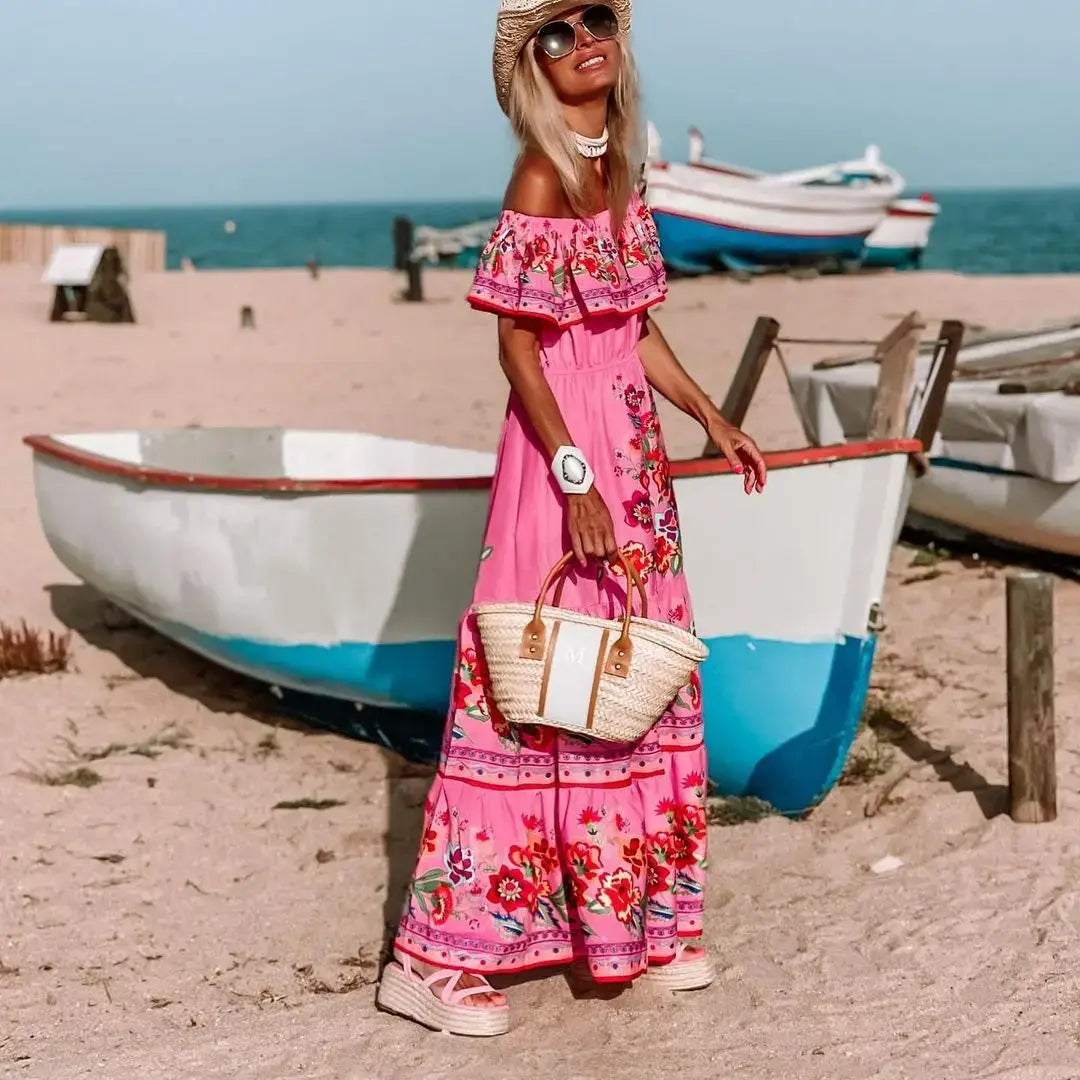2024 Women’s New Sexy One Shoulder Off Shoulder Fashion Red Flower Printed Lace Up Waist Long Swing Dress
