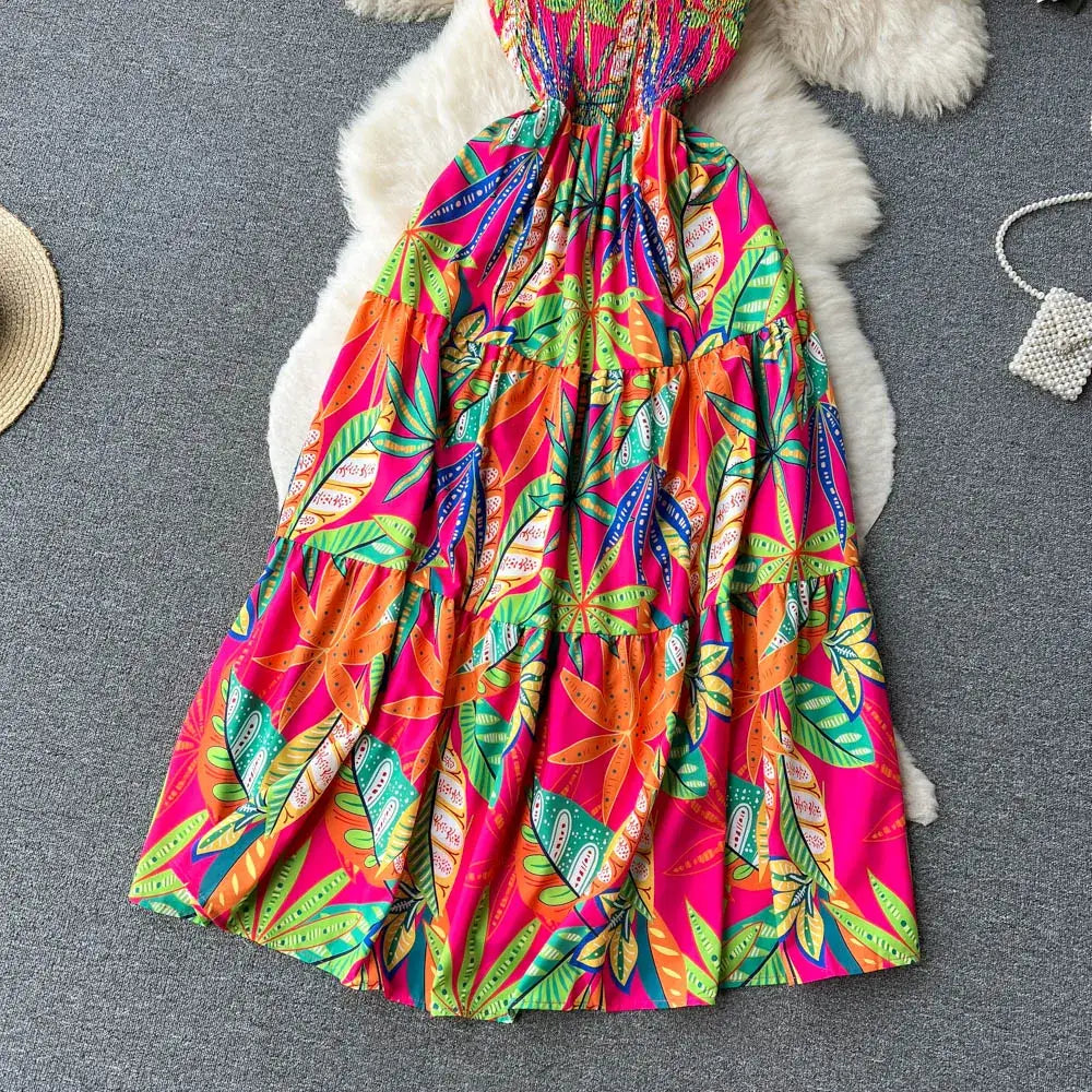 SINGREINY Summer Vacation Spaghetti Strap Long Dress Women Sleeveless Ruched Elastic Backless Dress Floral Print Beach