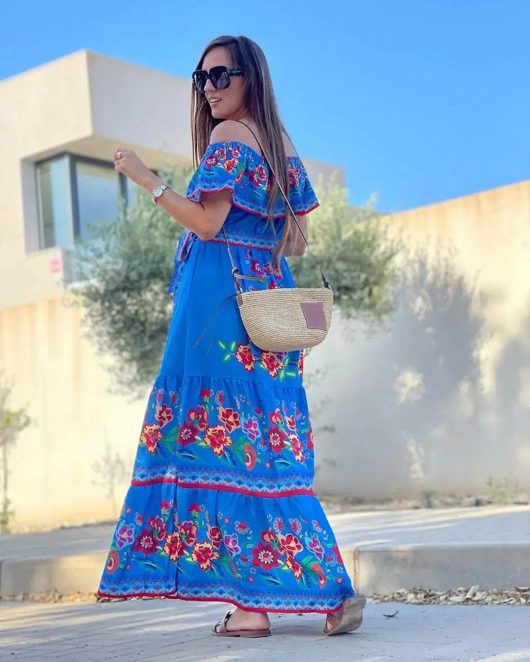 2024 Women’s New Sexy One Shoulder Off Shoulder Fashion Red Flower Printed Lace Up Waist Long Swing Dress