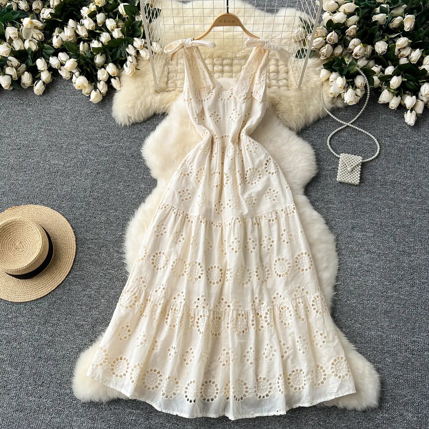 French Vintage cut out Embroidery bow Bandage slip Dress A-line Chic Casual Beach Vacation Women Summer dresses