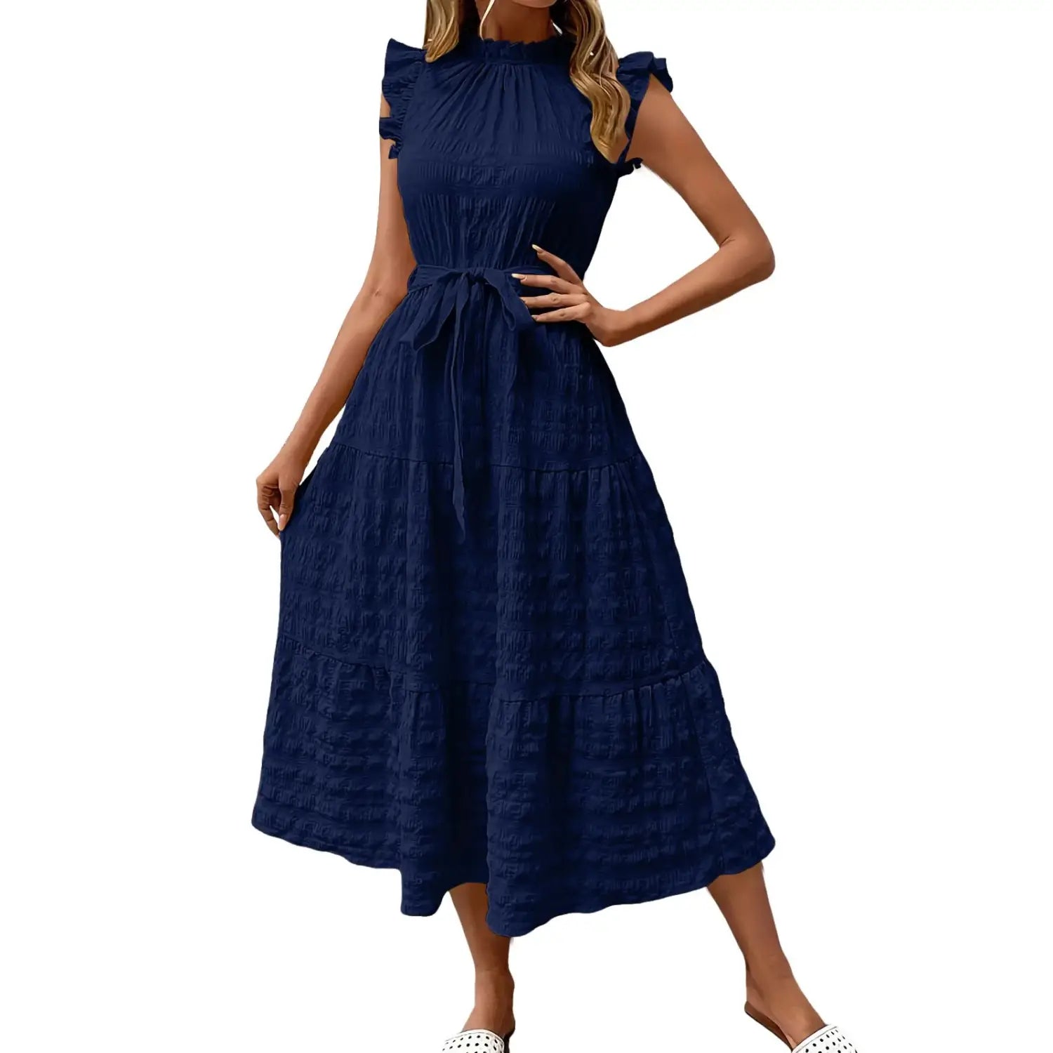 Women’s Vacation Dress Ruffles Sleeveless Maxi Dresses Summer Flowy Boho Chic Dress Solid Color Beach Sundress