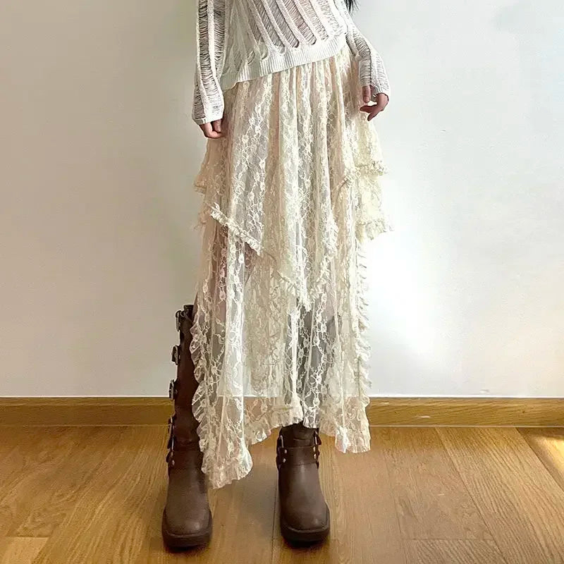 Lace Asymmetrical Skirt - High Waist Vintage Y2K Boho Aesthetic Midi Skirt for Women, Fairycore Holiday Outfit