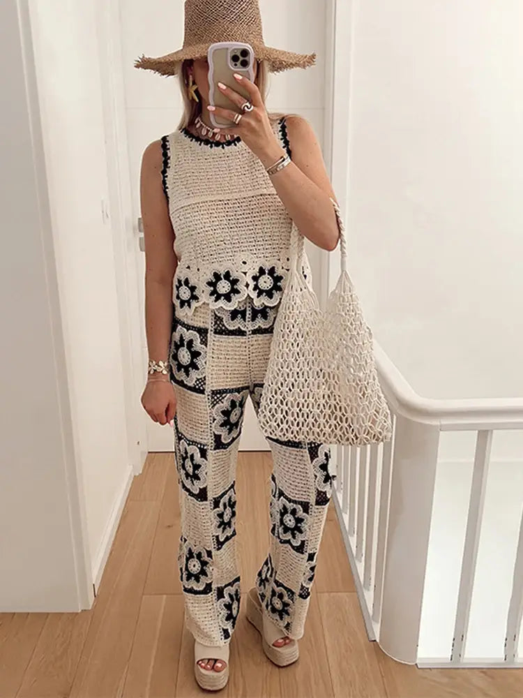 Crochet Flower Knitted Hollow Out Vest Pants Set Sleeveless Top Perspective High Waist Straight Leg Pants Summer Women